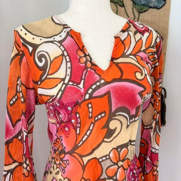 Retro Floral Sequin Bell Sleeve Dress - Picture 2 of 6